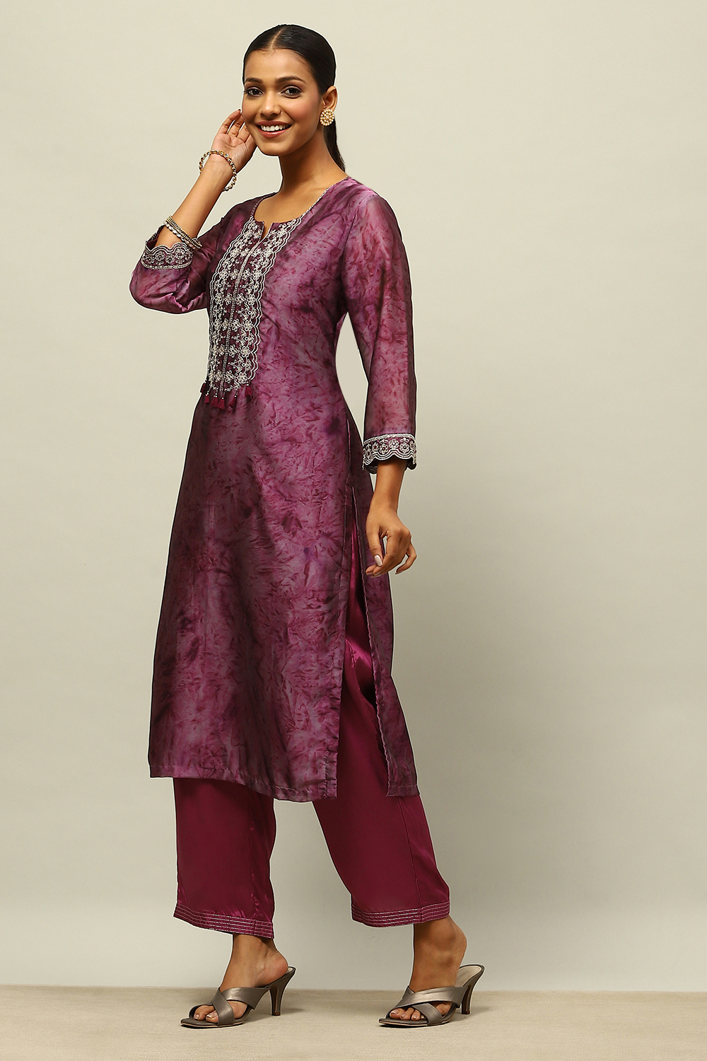 Purple Poly Georgette Straight Printed Kurta Palazzo Suit Set image number 3