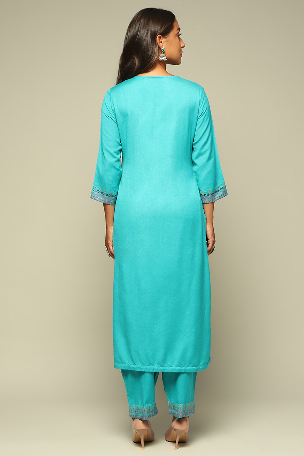 Aqua Blue Poly Acrylic Straight Yarn Dyed Kurta Palazzo Suit Set image number 4