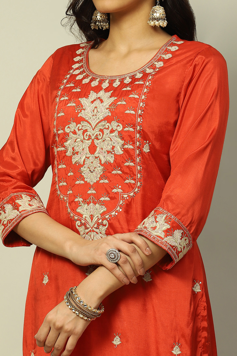 Rust Viscose Shantoon Embroidered Straight Kurta image number 1