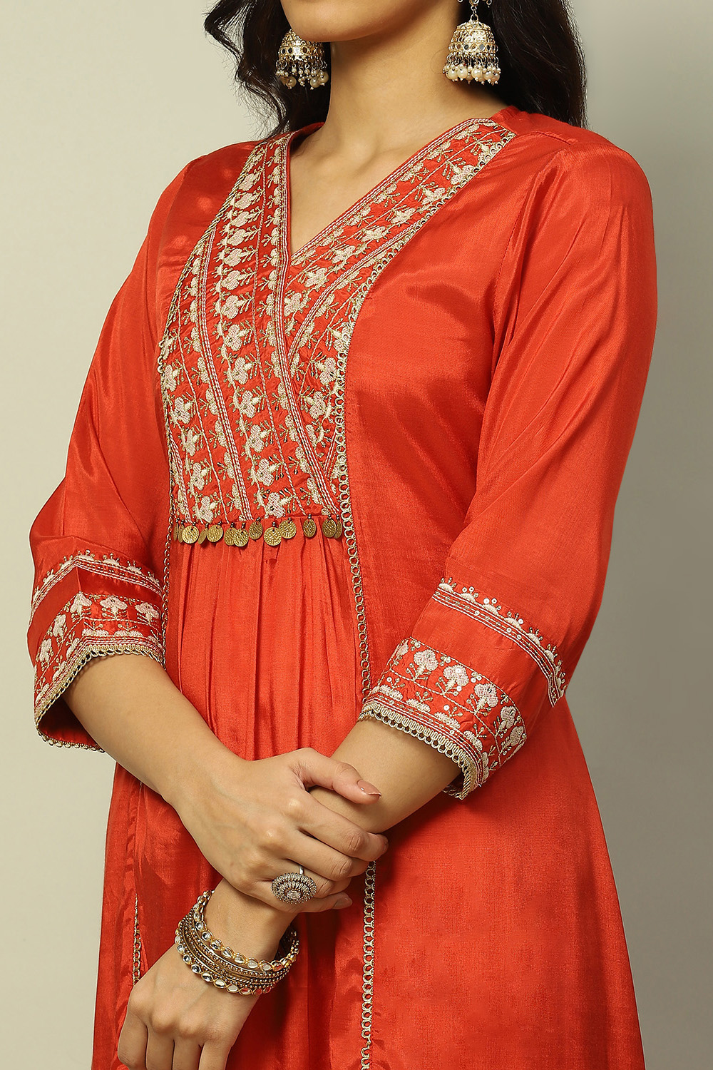 Rust Viscose Shantoon Embroidered A-line Kurta image number 1