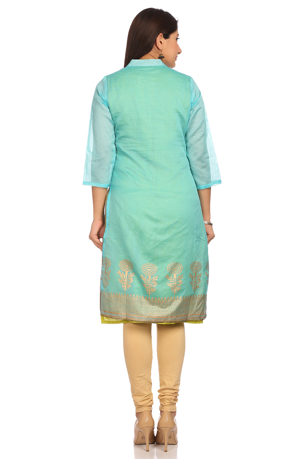 Turquoise Cotton Printed Kurta image number 3