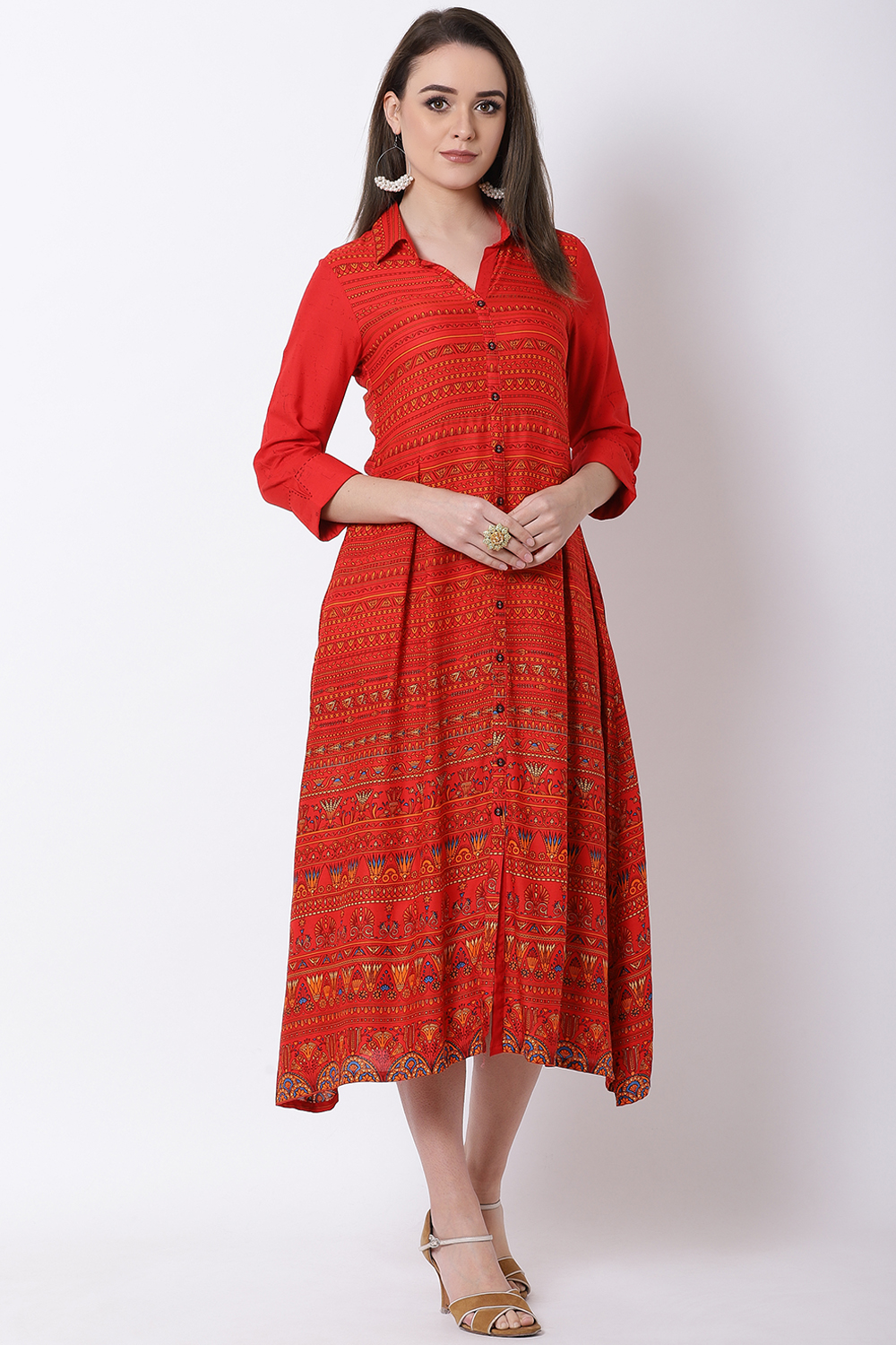 Red Viscose Rayon A Line Dress image number 5