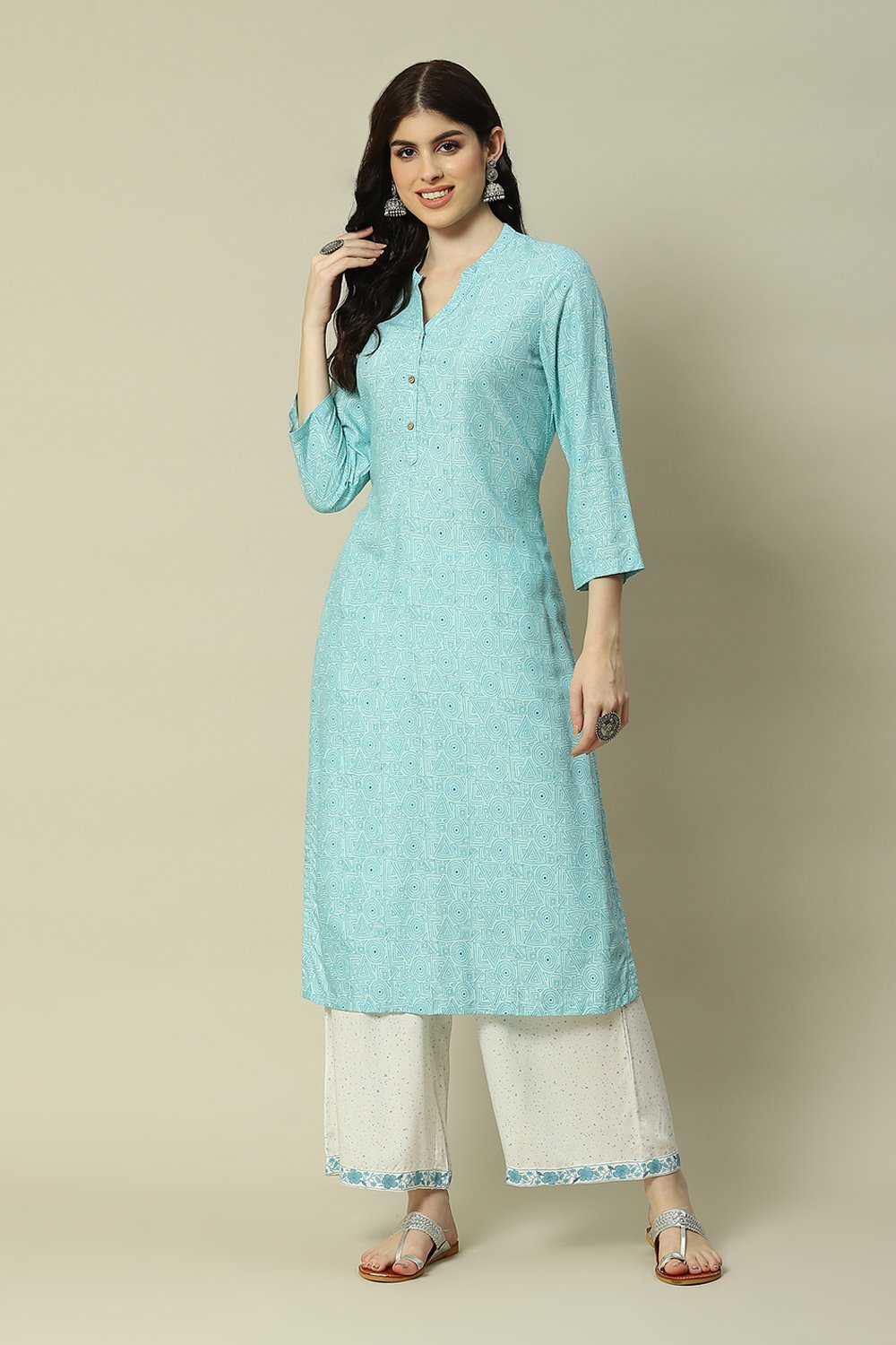 Sky Blue LIVA Straight Printed Kurta image number 0