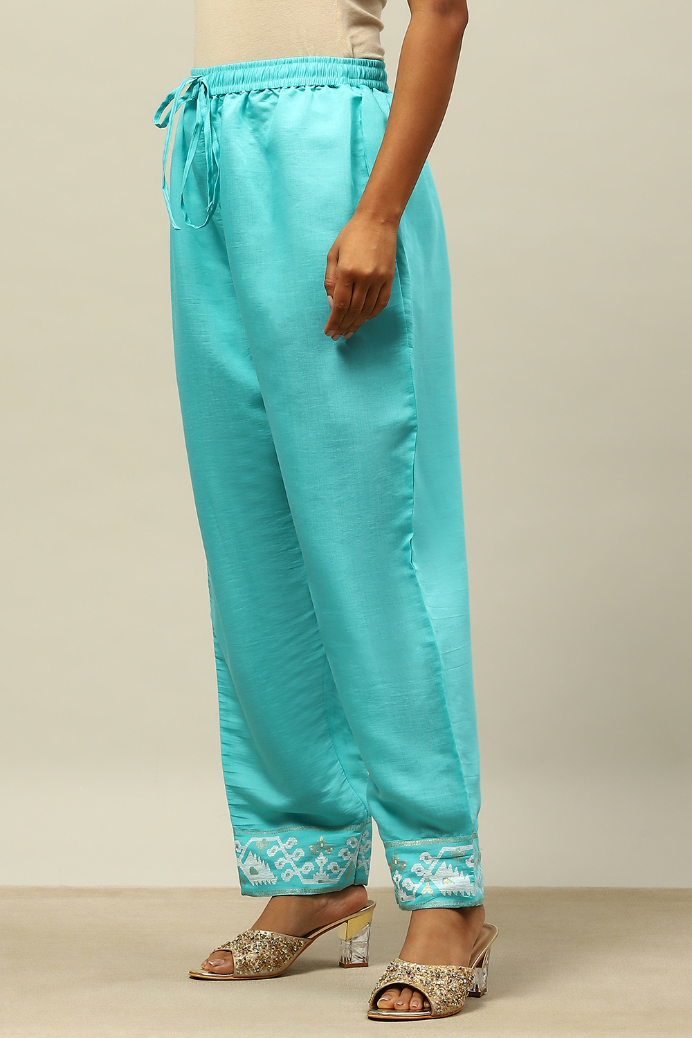 Blue Viscose Blend Straight Palazzos image number 2