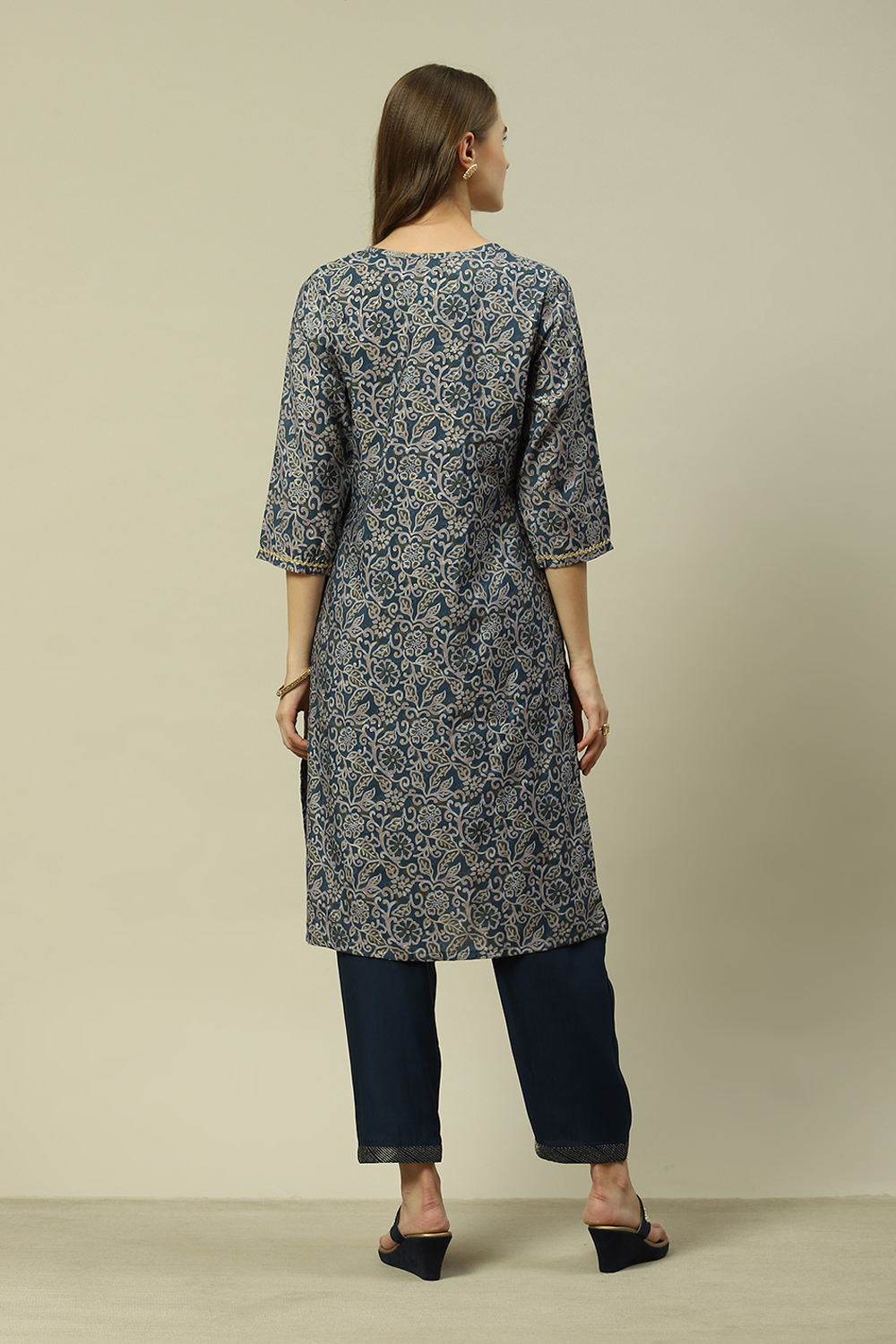 Navy Blue LIVA Straight Printed Kurta Palazzo Suit Set image number 5