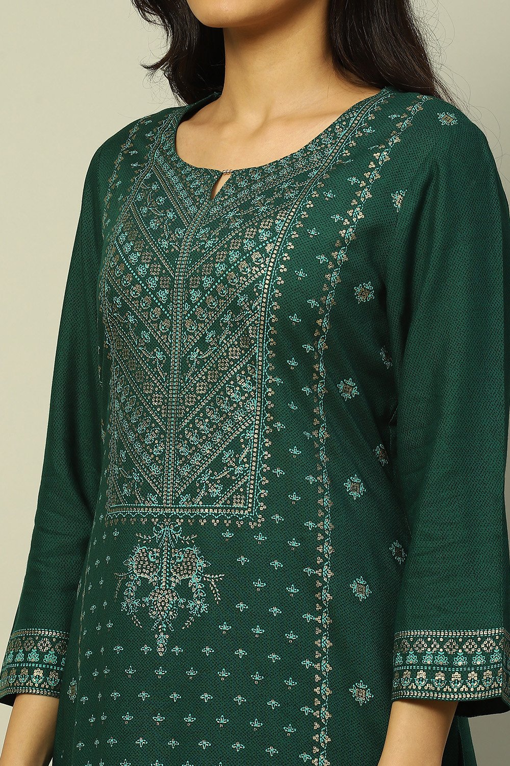 Dark Green Liva Printed Straight Festive Kurta Set image number 1