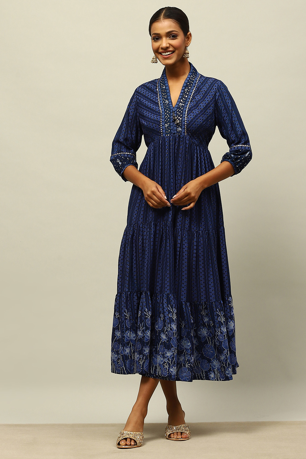 Blue Viscose Muslin Printed Tiered Dress image number 0