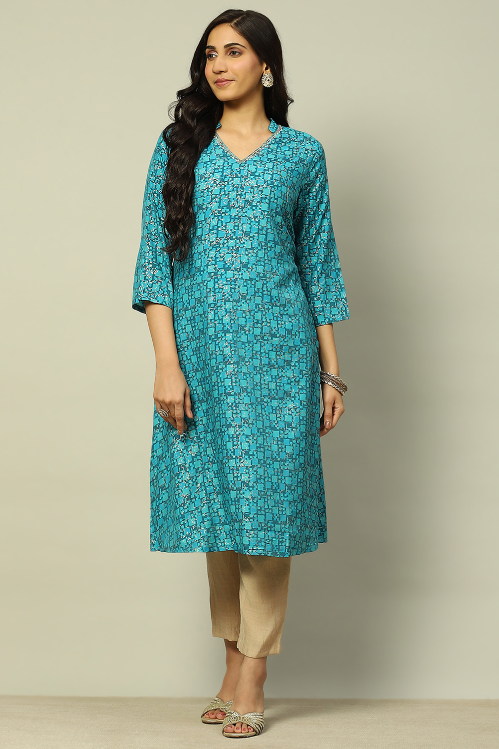 Blue Viscose Blend Geometric Printed Straight Kurta image number 4