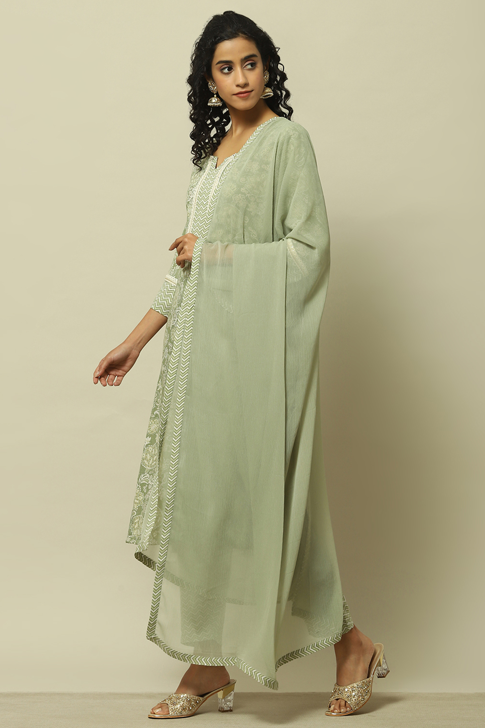 Sage Green Printed  Kurta & Pants Suit Set image number 3