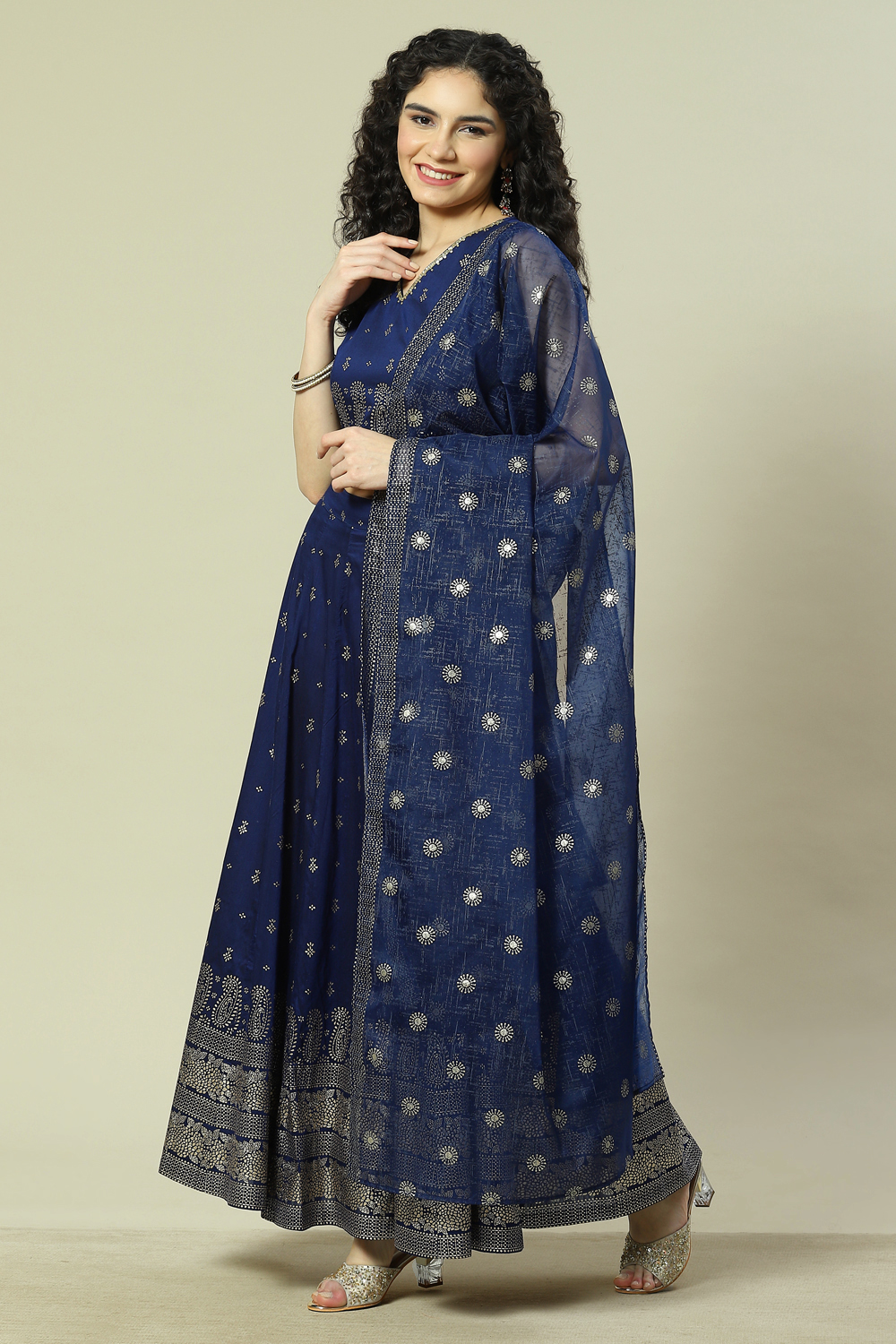 Indigo Cotton Blend Woven Straight Kurta Suit Set image number 5