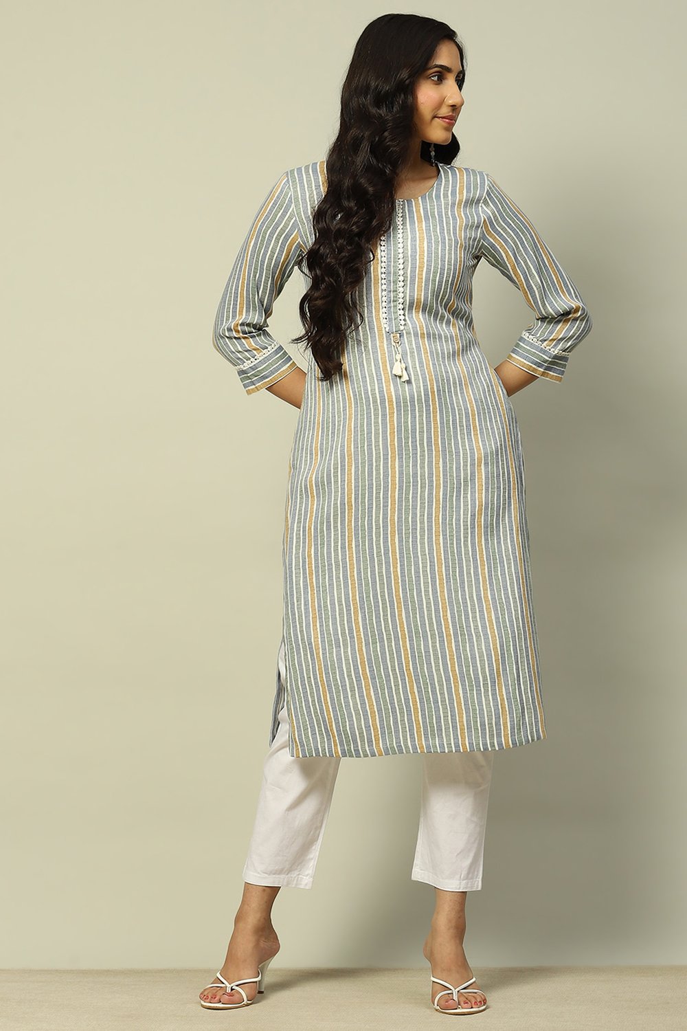 Grey Viscose Blend Striped Straight Kurta image number 0