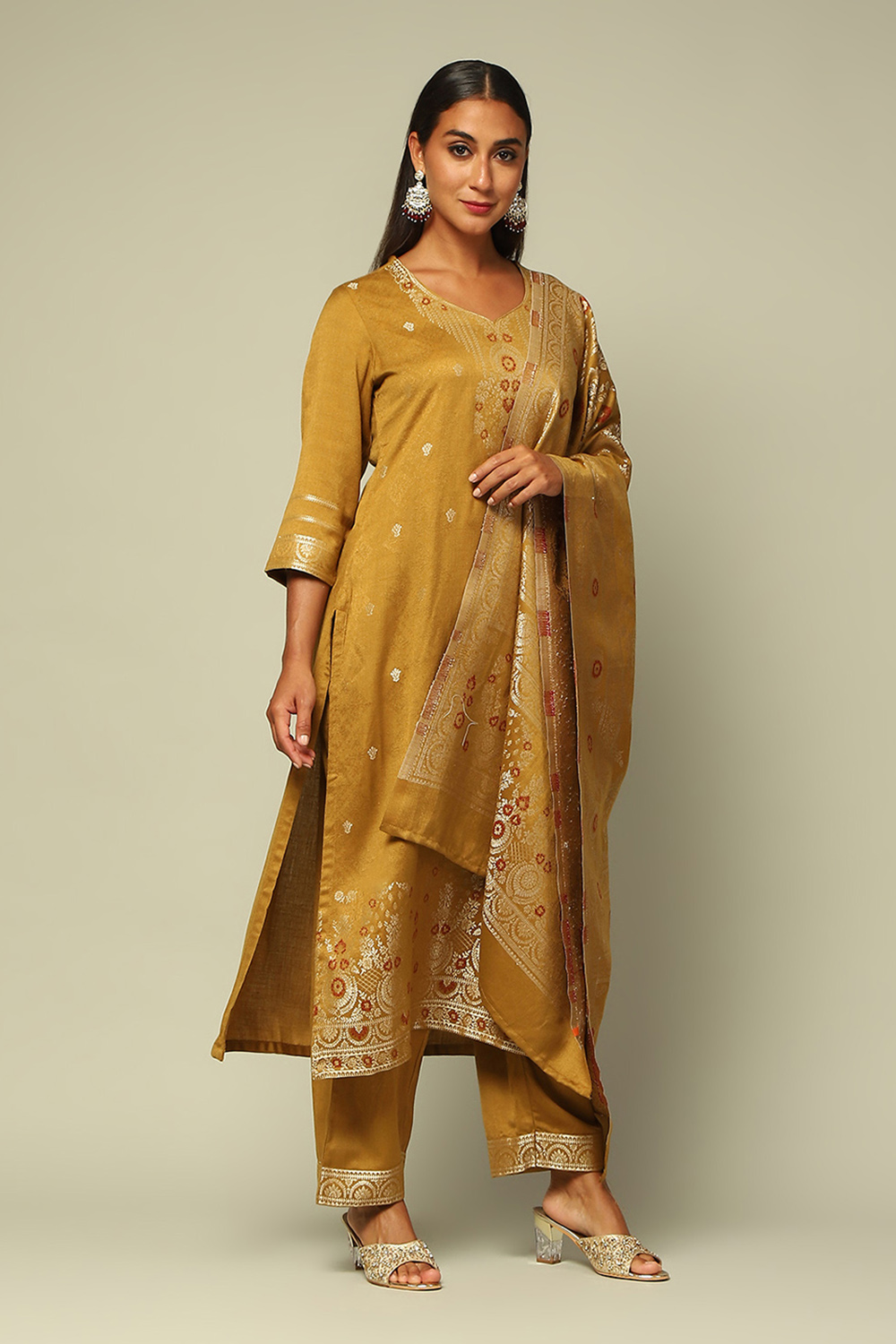 Mustard Acrylic Straight Yarn Dyed Kurta Palazzo Suit Set image number 5