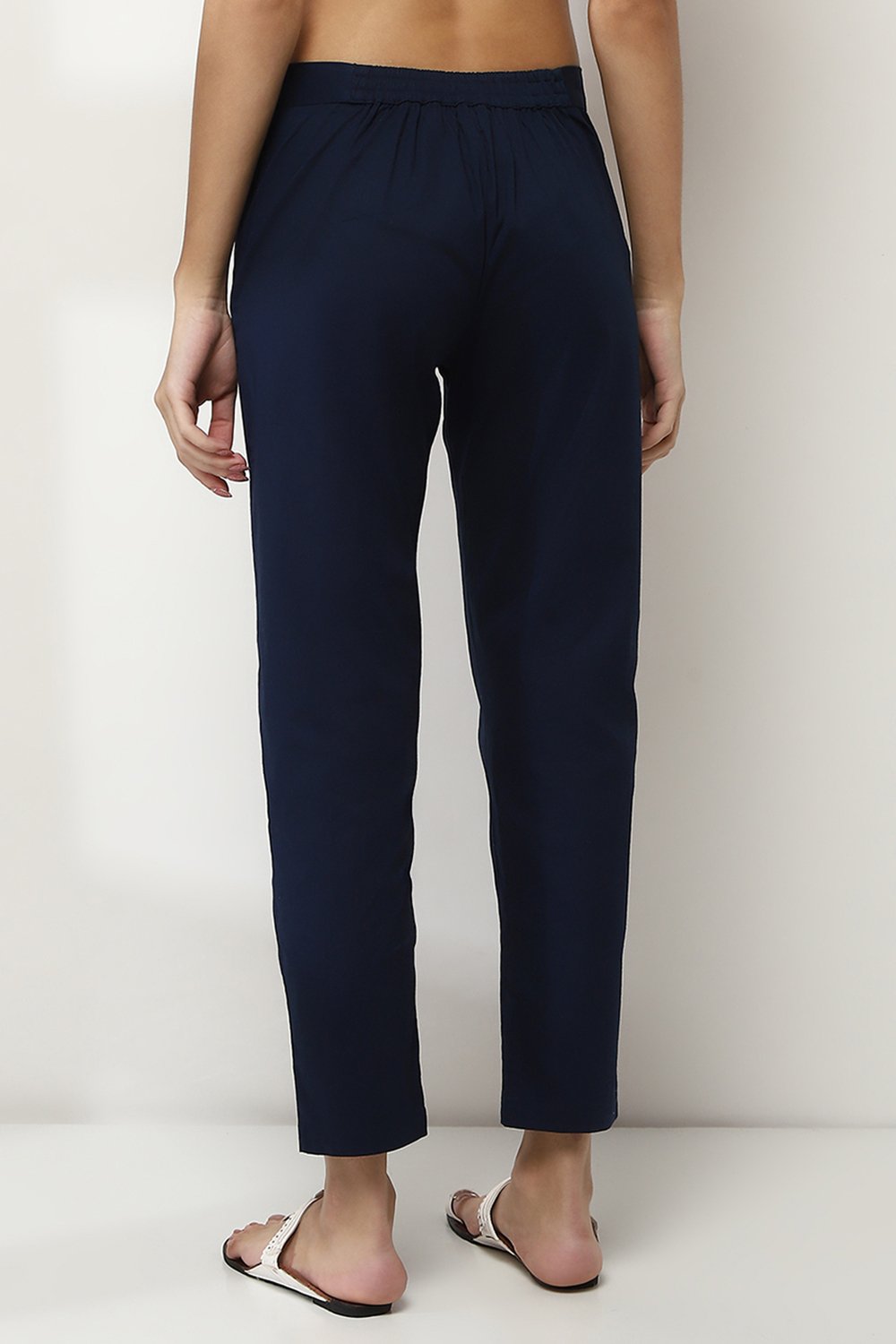 Navy Blue Cotton Solid Regular Pants image number 4