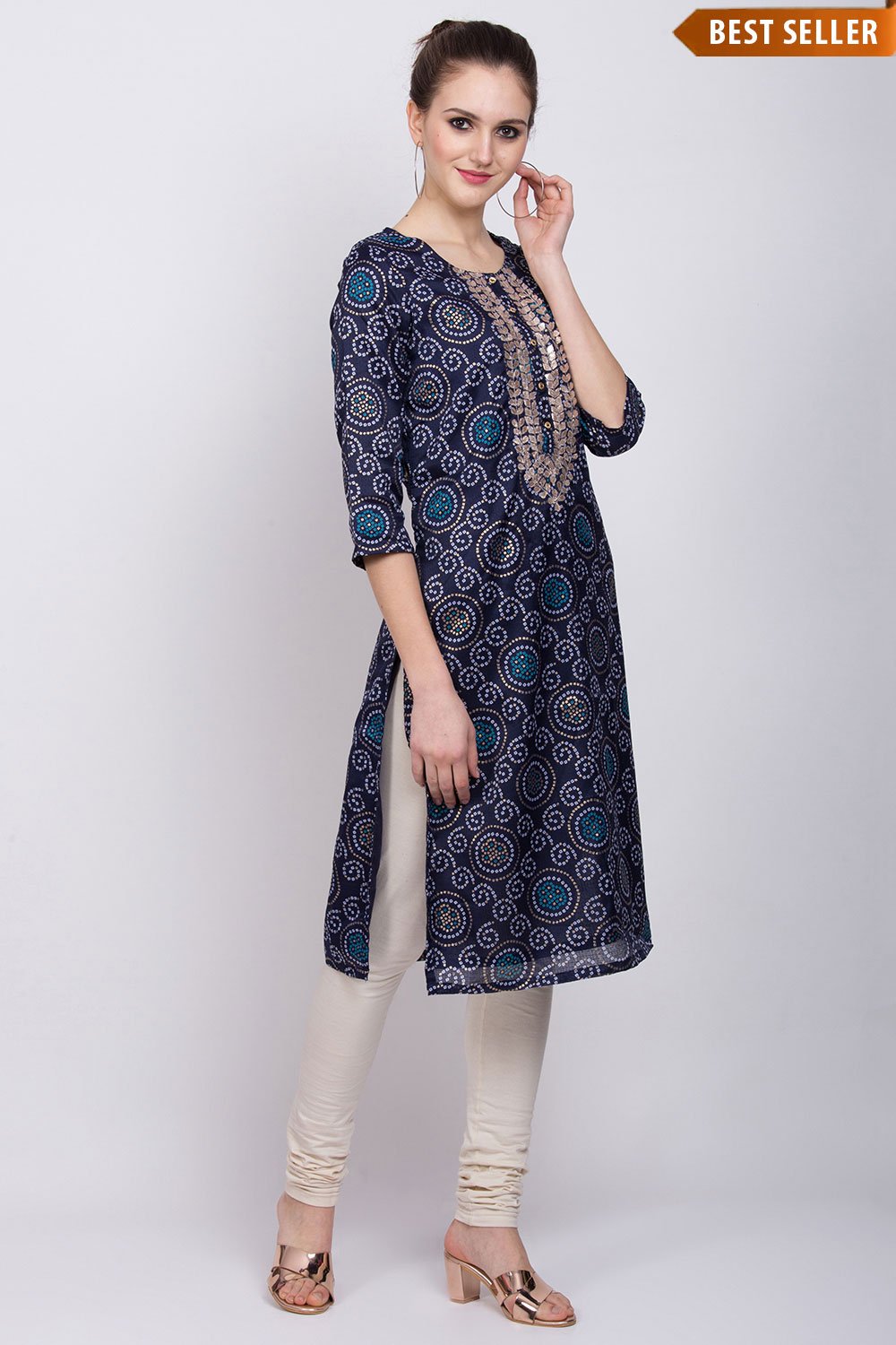 Navy Blue Art Silk Straight Kurta image number 0