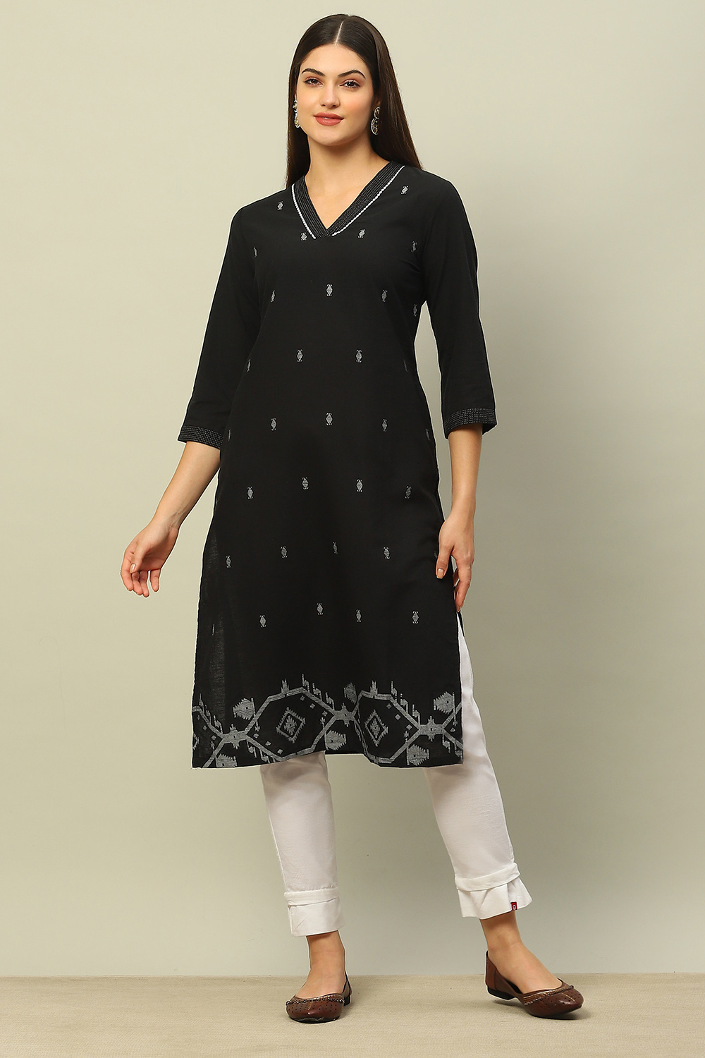 Black Cotton Jacquard Yarndyed Straight Kurta image number 0