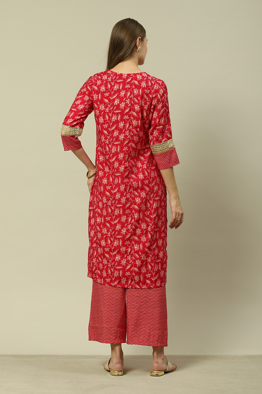 Mauve LIVA Straight Printed Kurta Palazzo Suit Set image number 5