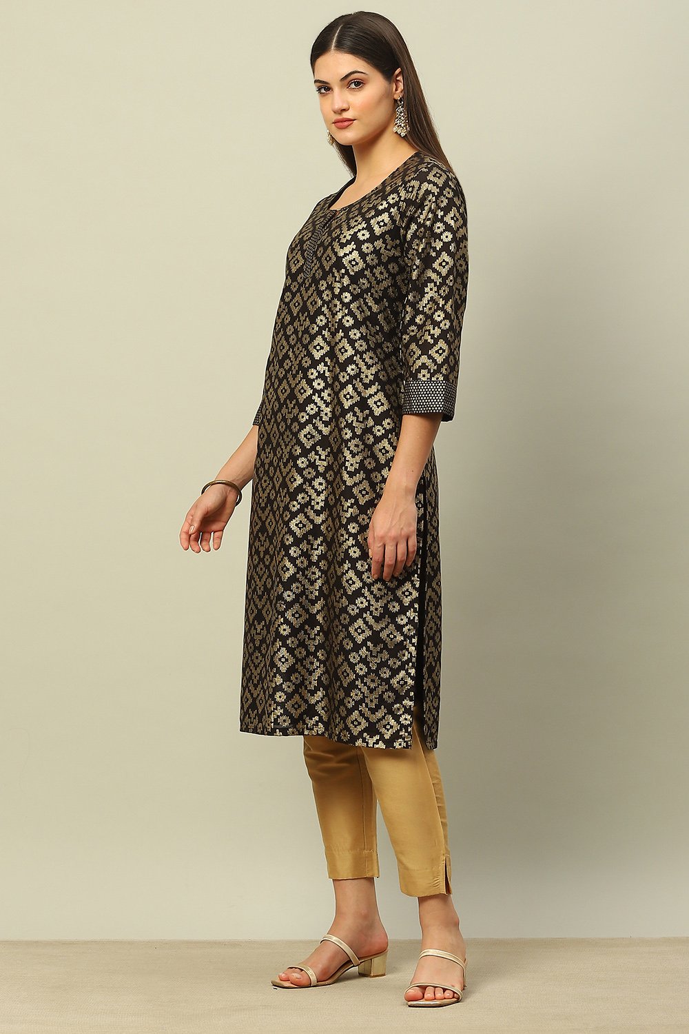 Black Cotton Printed Straight Kurta image number 2