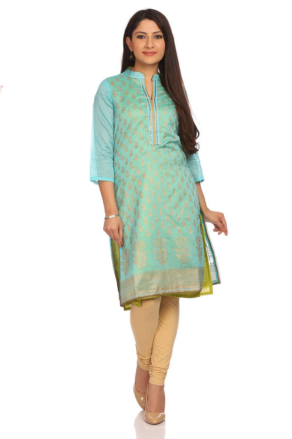 Turquoise Cotton Printed Kurta image number 0