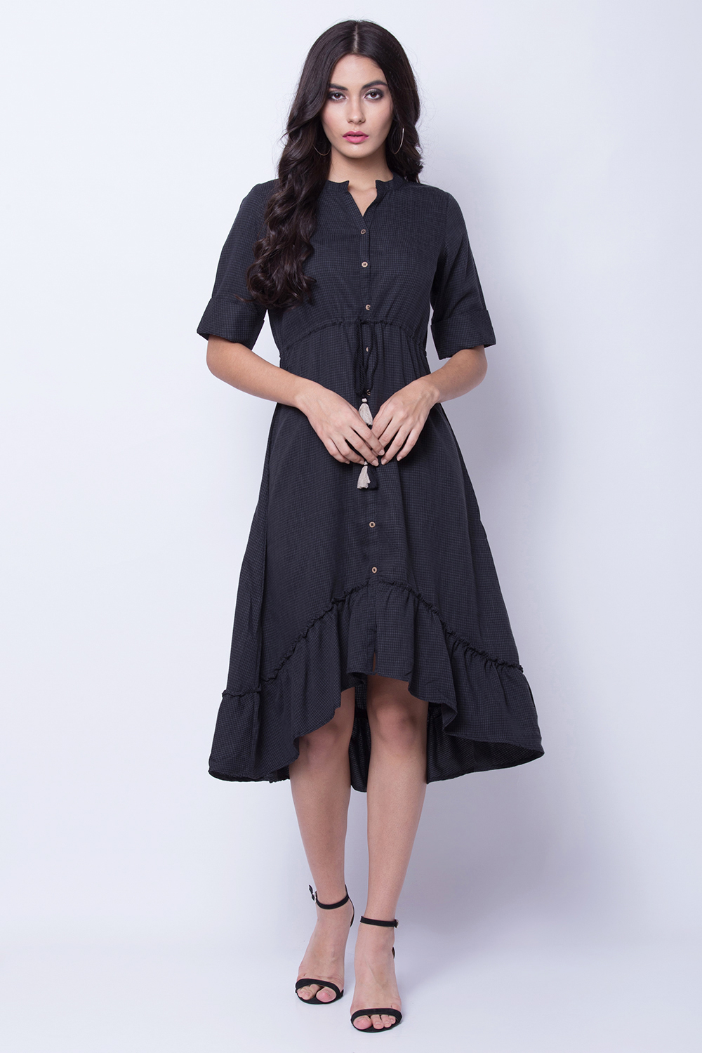 Black Poly Cotton Flared Dress image number 0