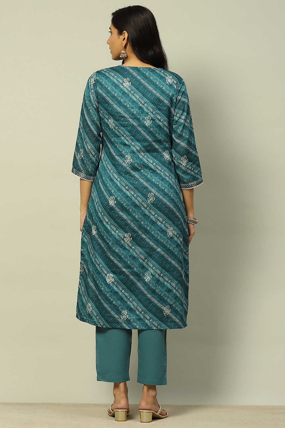 Teal Blue Cotton Straight Printed Kurta Pants Set image number 4