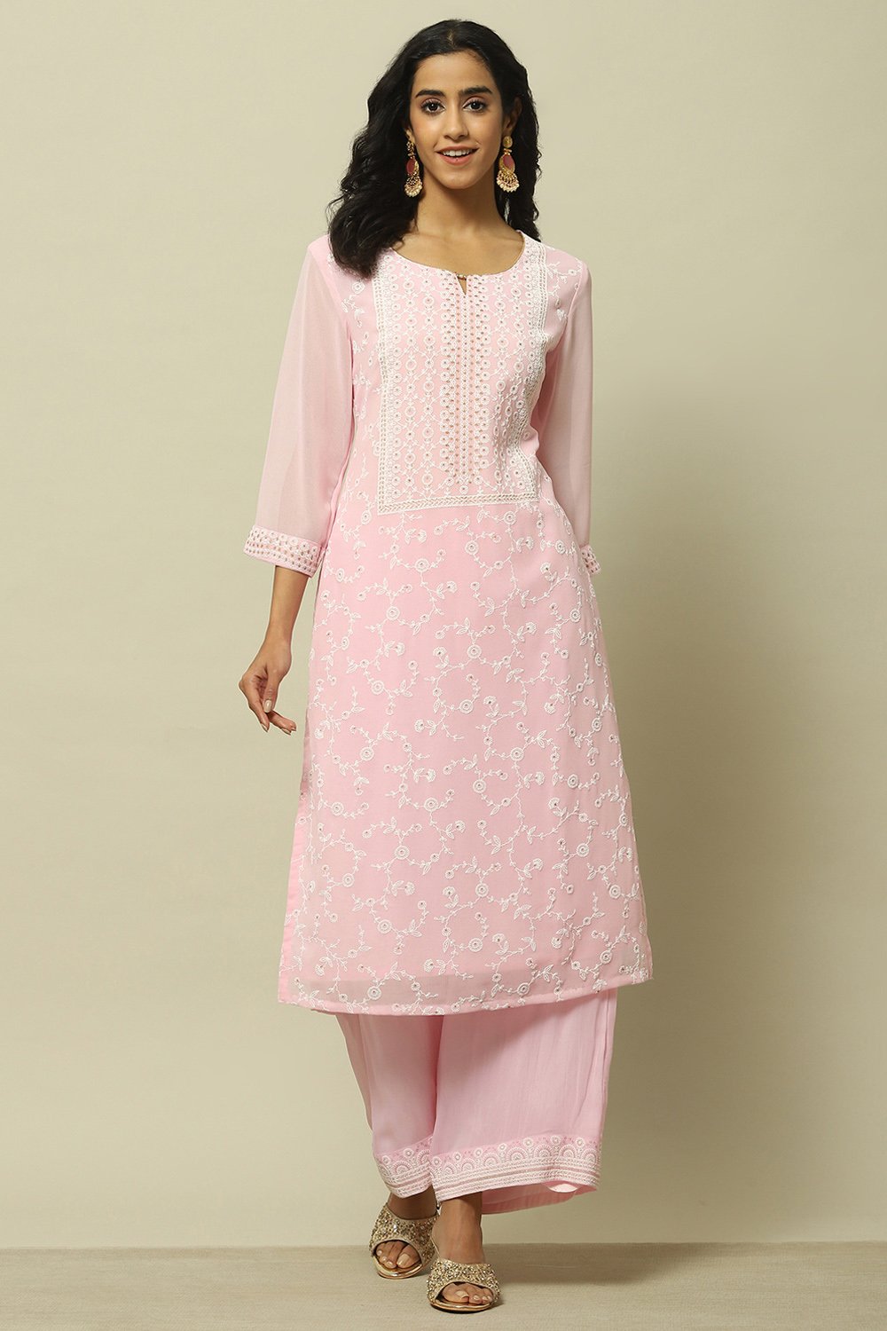 Pink Embroidered Straight Kurta image number 5