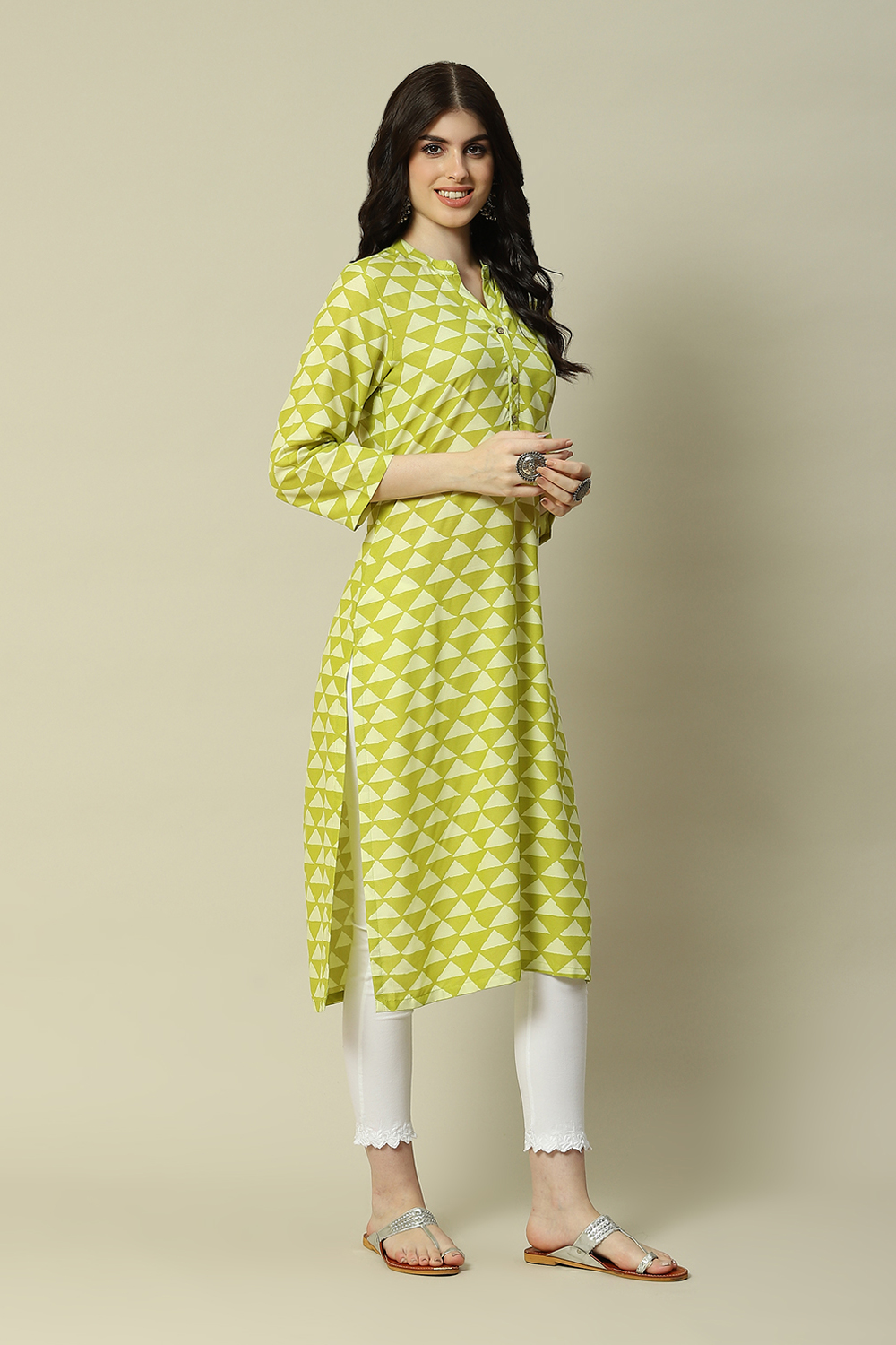 Lime Green LIVA Straight Printed Kurta image number 3