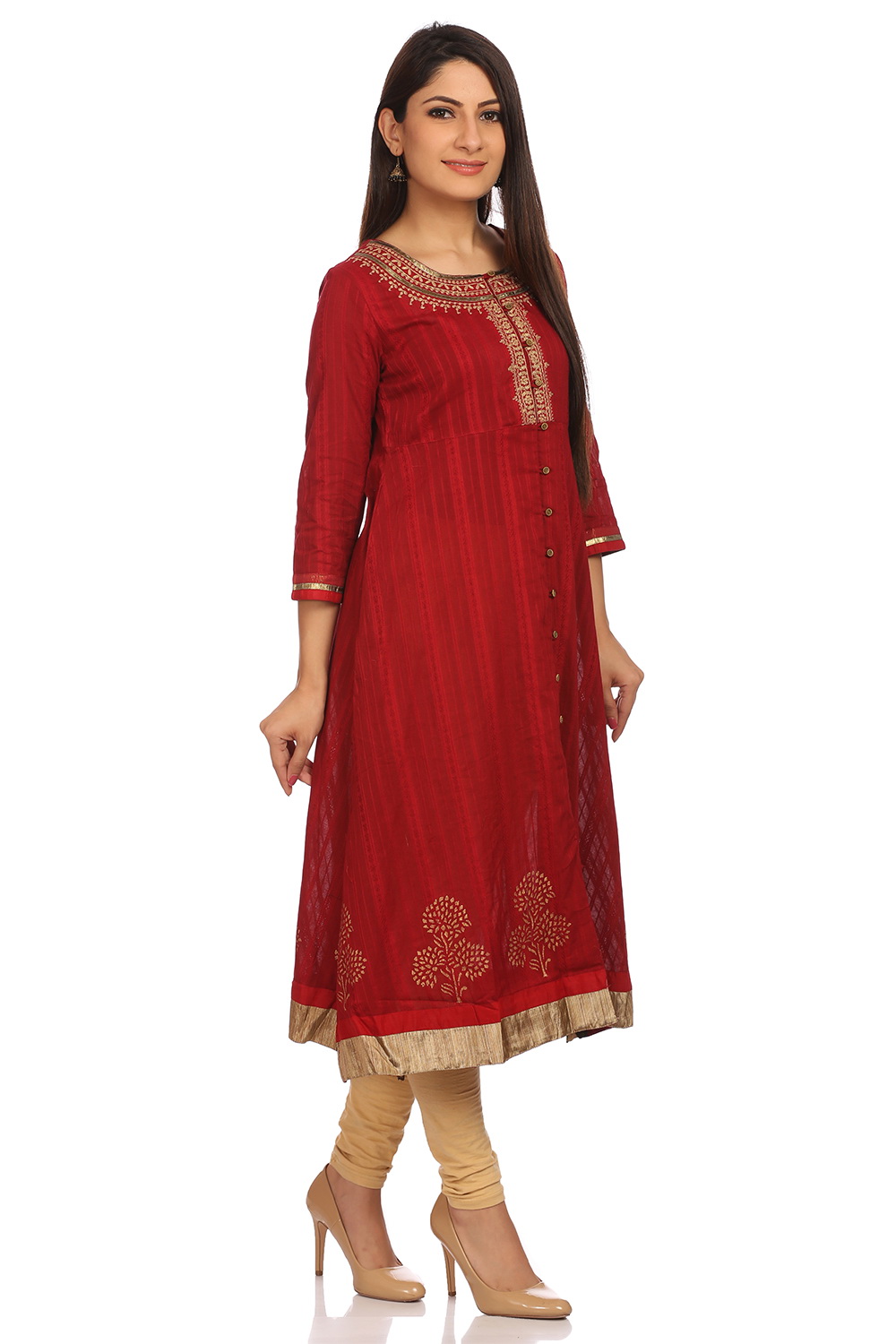 Red A-Line Cotton Kurta image number 1