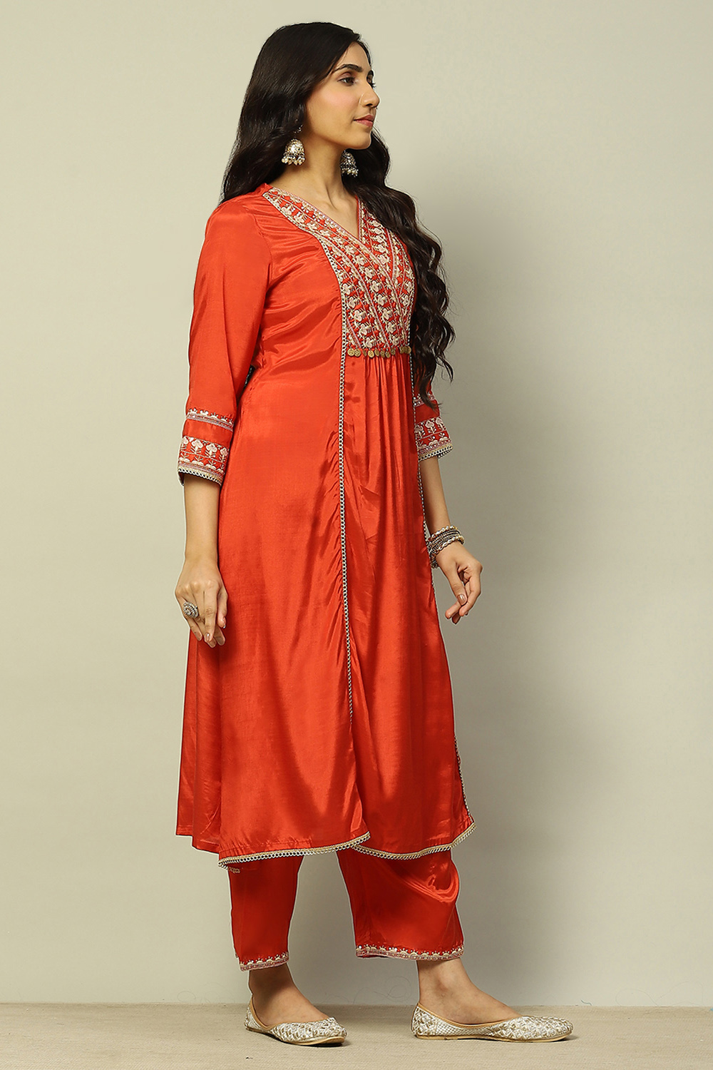 Rust Viscose Shantoon Embroidered A-line Kurta image number 4