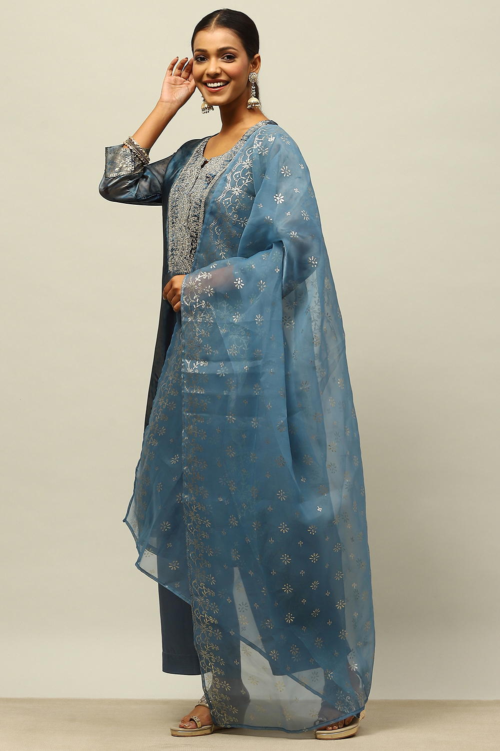 Blue Poly Georgette Straight Printed Kurta Palazzo Suit Set image number 3