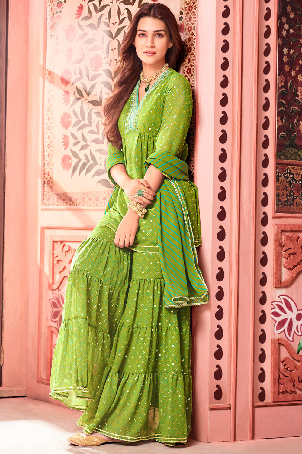 Buy Green Viscose Gathered Printed Kurta Sharara Suit Set (3N) for