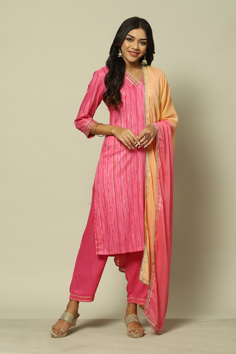 Pink LIVA Straight Printed Kurta Palazzo Suit Set image number 7