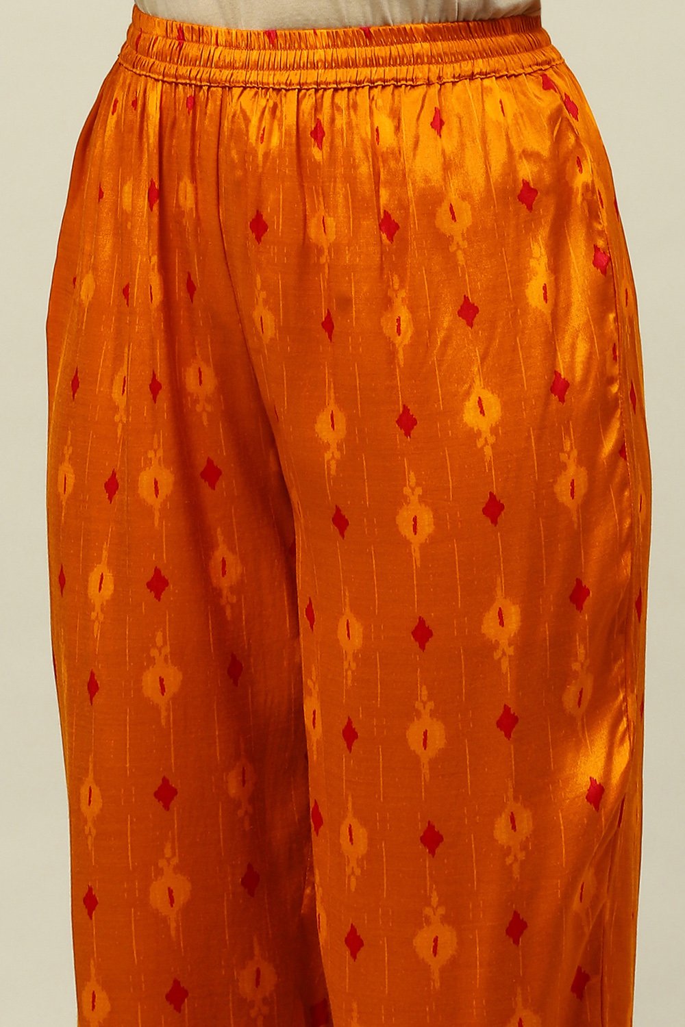 Mustard Yellow Viscose Shantoon Gathered Printed Kurta Palazzo Suit Set image number 2