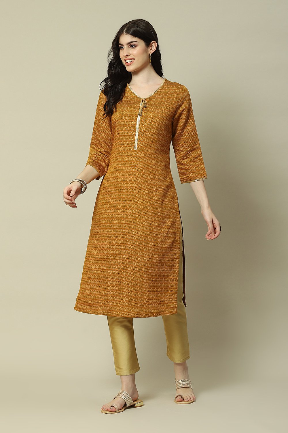 Mustard LIVA Straight Printed Kurta image number 5