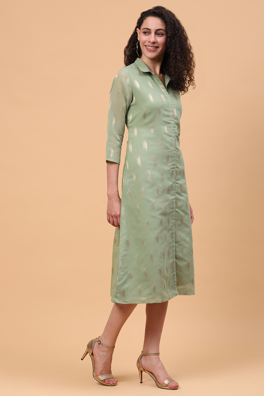 Green Art Silk A Line Dress image number 3