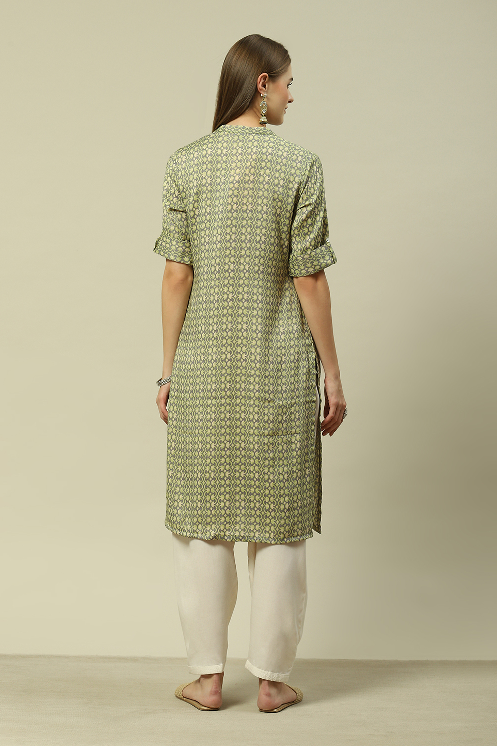 Green LIVA Blend Straight Printed Kurta image number 3