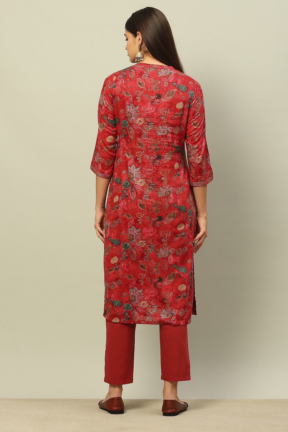 Pink Cotton Straight Printed Kurta Pants Suit Set image number 4