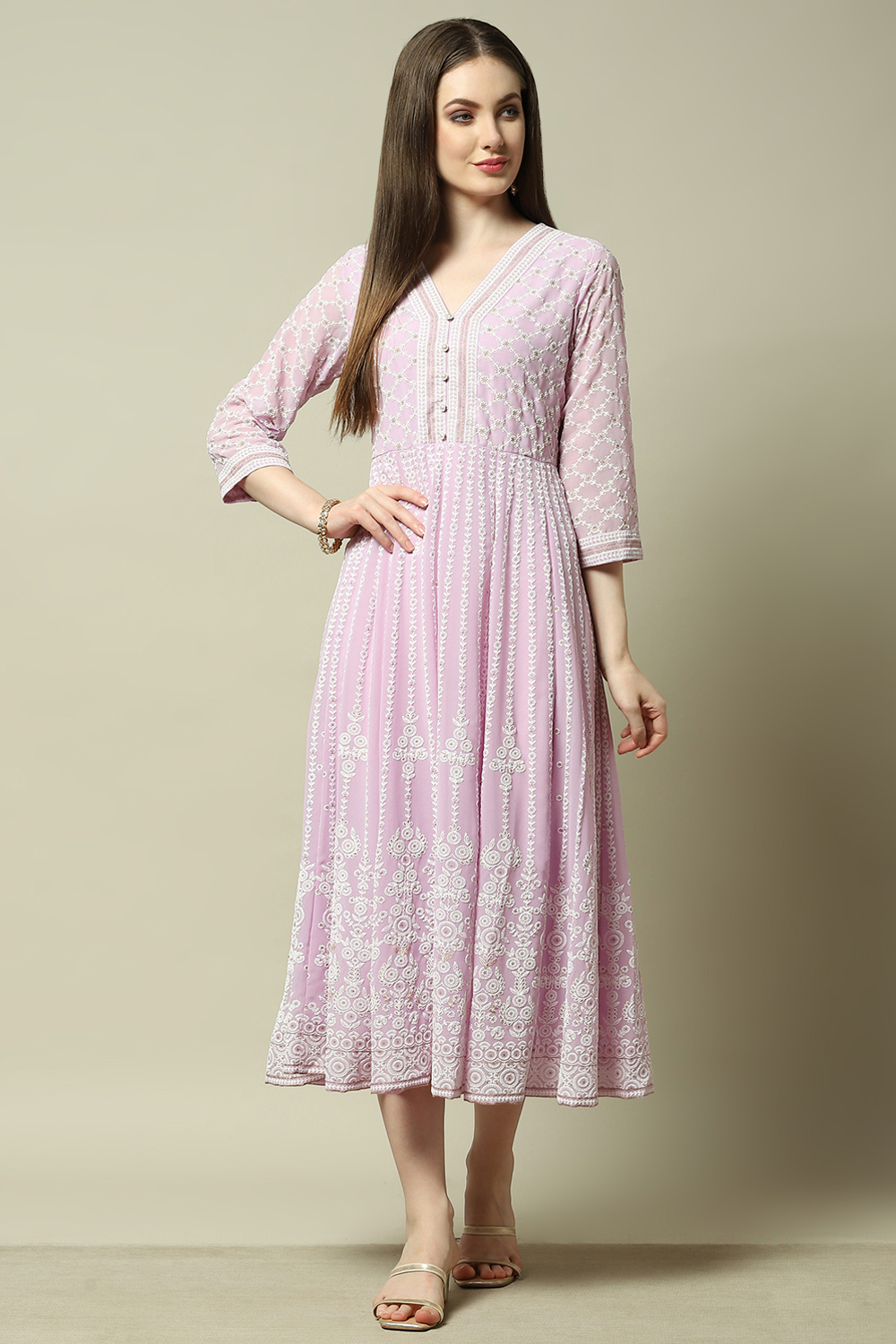 Lavender Poly Georgette Embroidered Flared Dress image number 5