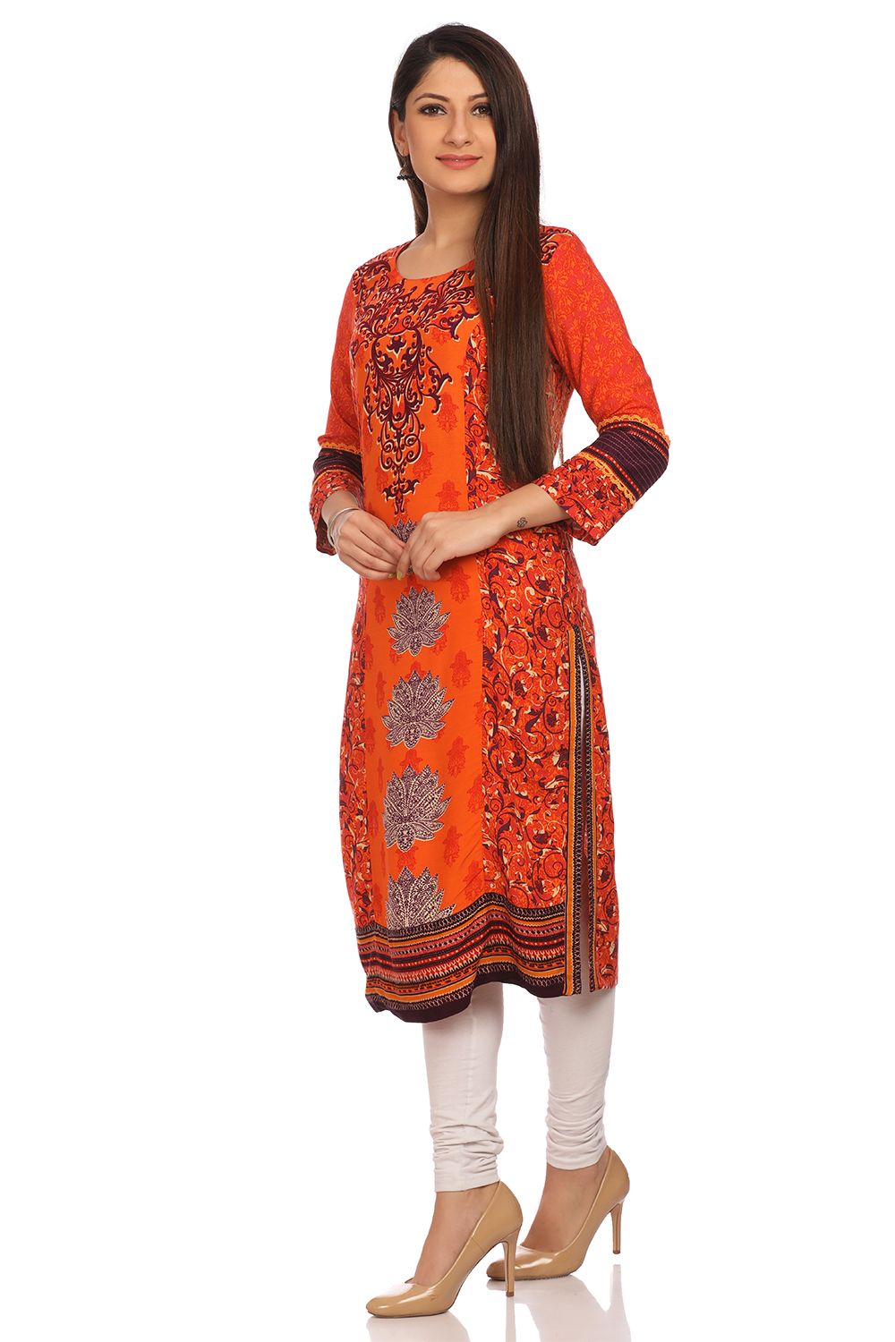 Orange Straight Cotton Kurta image number 2