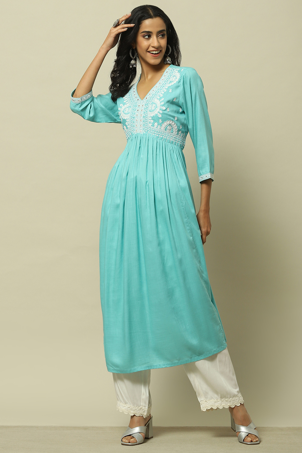 Cyan Blue Rayon Slub Tiered Dress image number 2