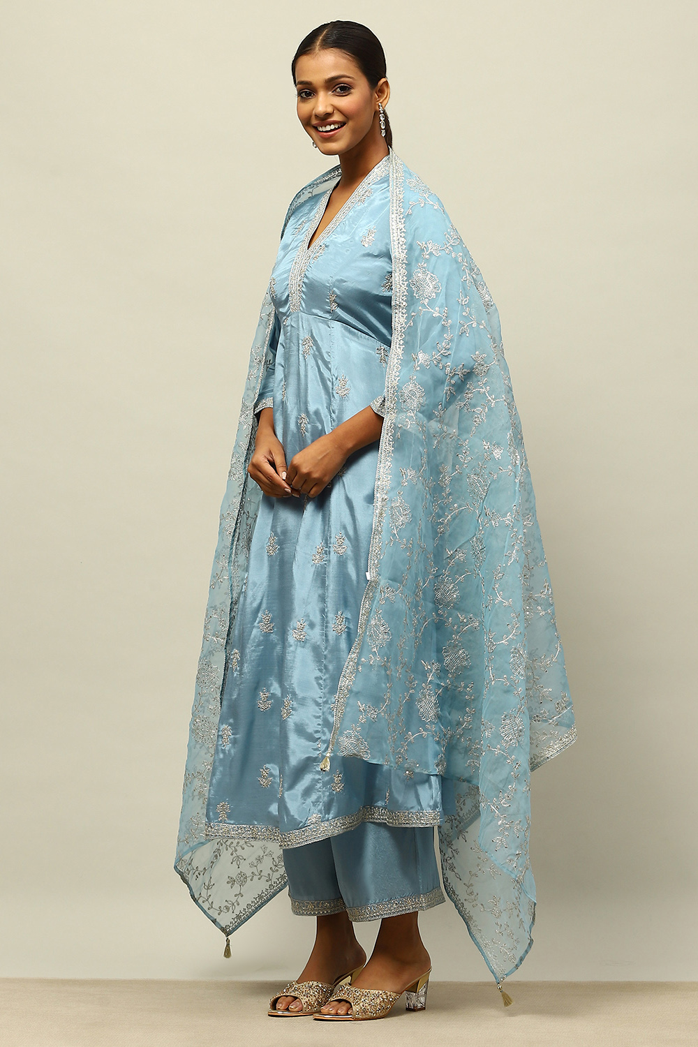 Dusty Blue Viscose Shantoon Kalidar Embroidered Kurta Palazzo Suit Set image number 3