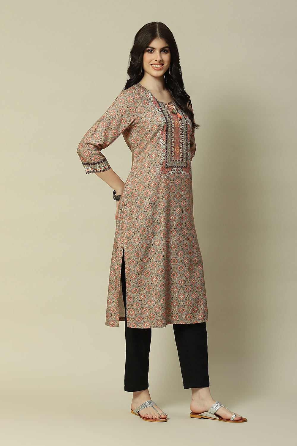 Green LIVA Straight Printed Kurta image number 3