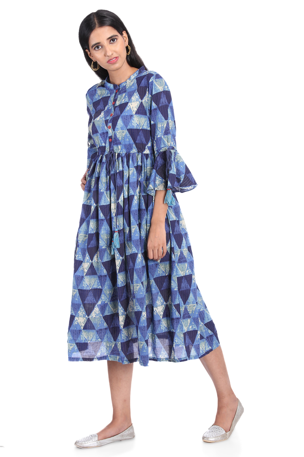 Blue Flared Cambric Cotton Dress image number 3