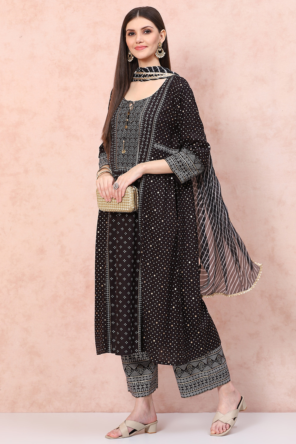 Black LIVA Bandhani Print Suit Set image number 4