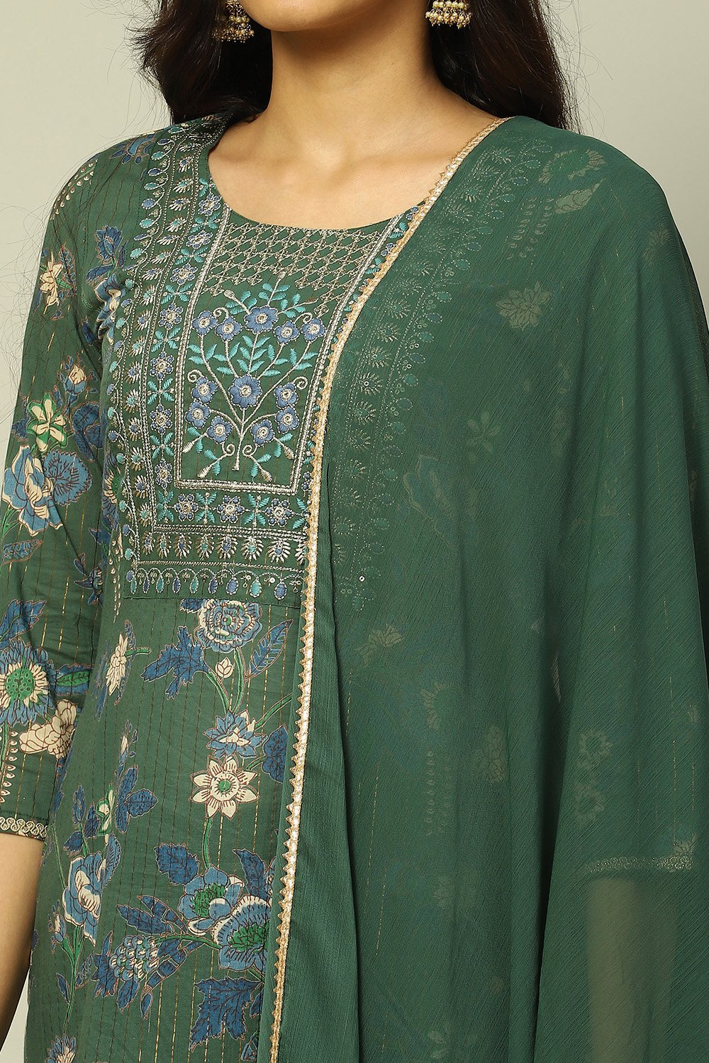 Green Cotton Lurex Floral Printed Straight Suit Set image number 1