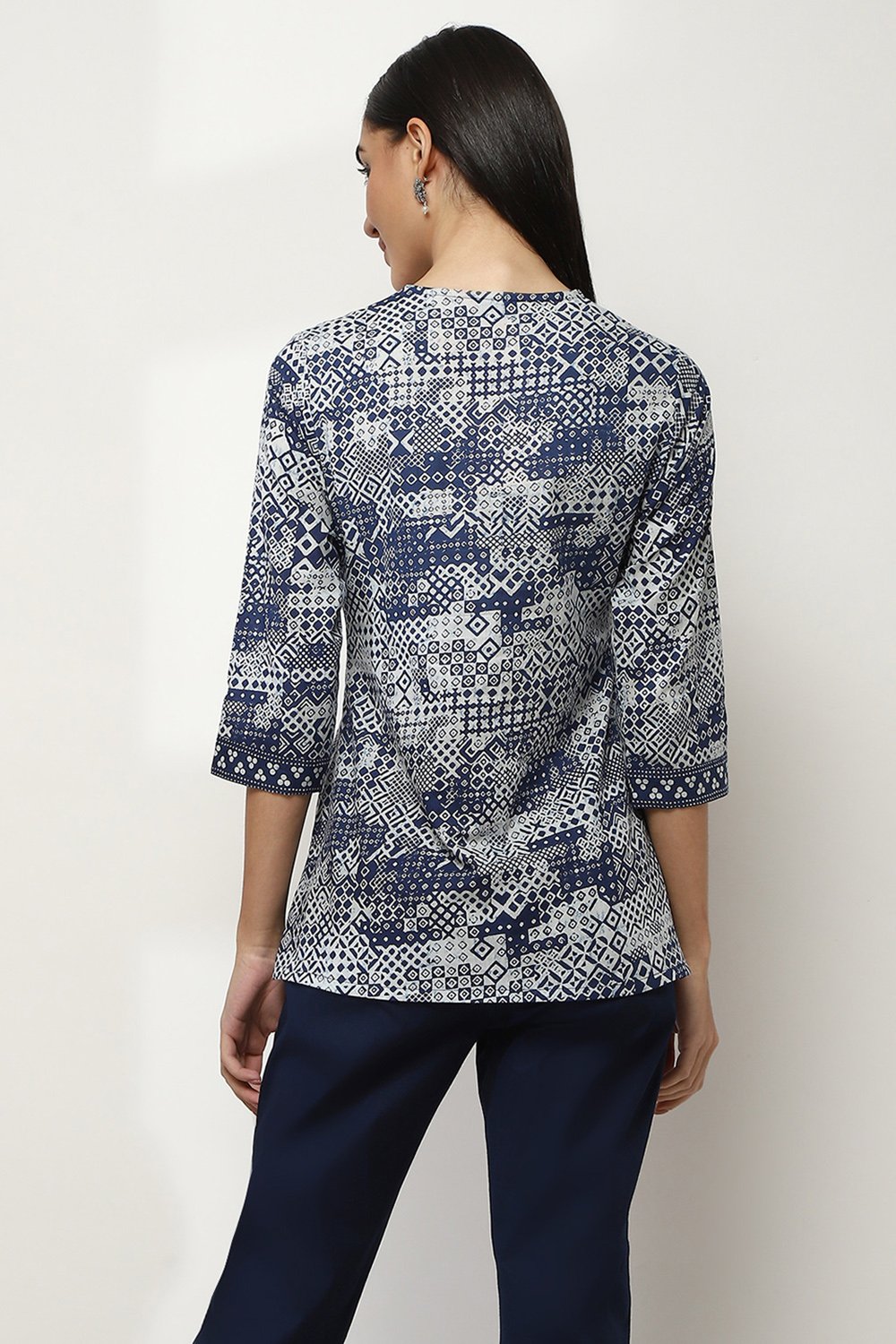 Indigo Cotton Printed Straight Top image number 3