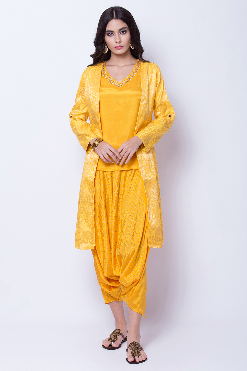 Yellow Polyester Viscose Straight Suit Set image number 0