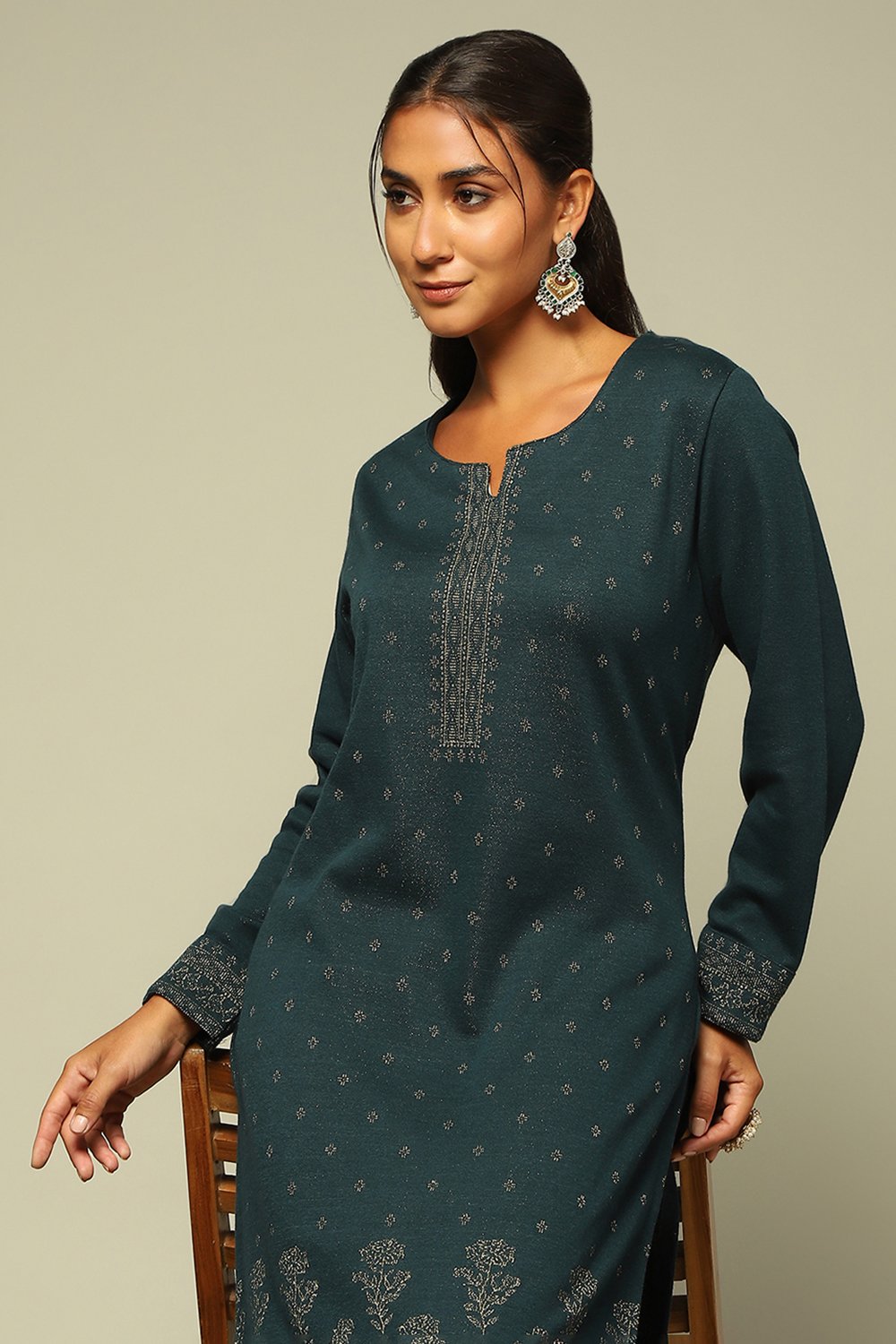 Teal Blue Circular Jacquard Straight Yarn Dyed Kurta Palazzo Suit Set image number 1