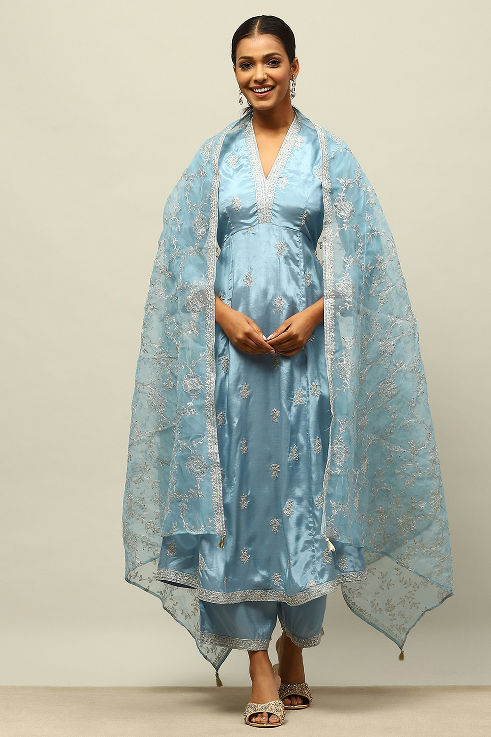 Dusty Blue Viscose Shantoon Kalidar Embroidered Kurta Palazzo Suit Set image number 0