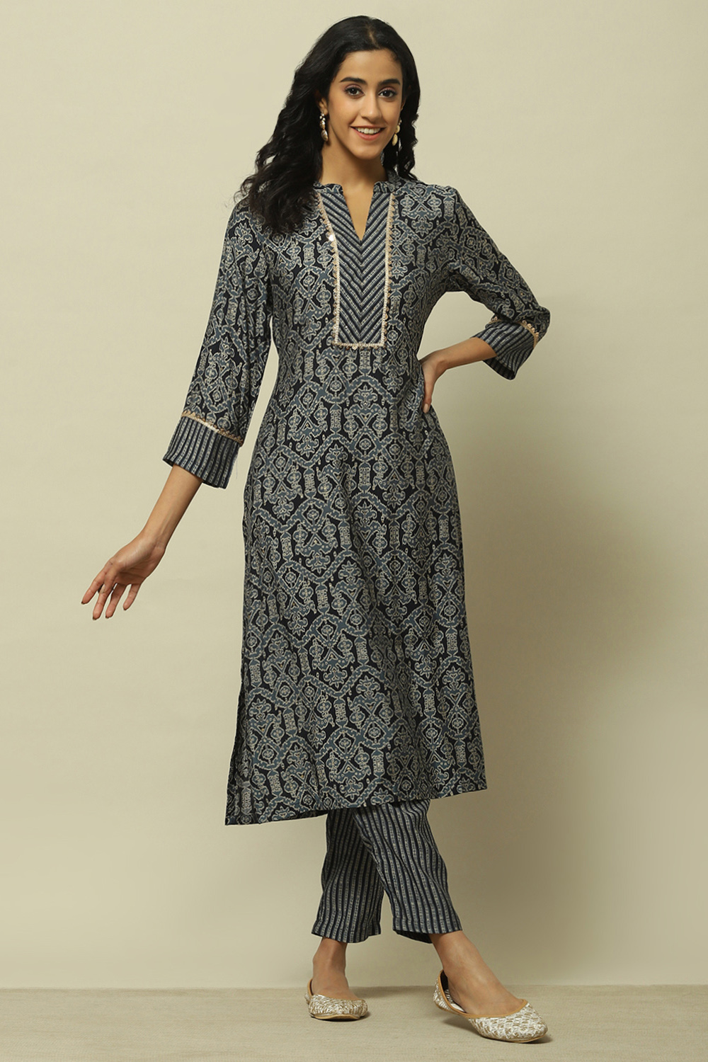 Navy Blue Viscose Printed Straight Kurta Set image number 0