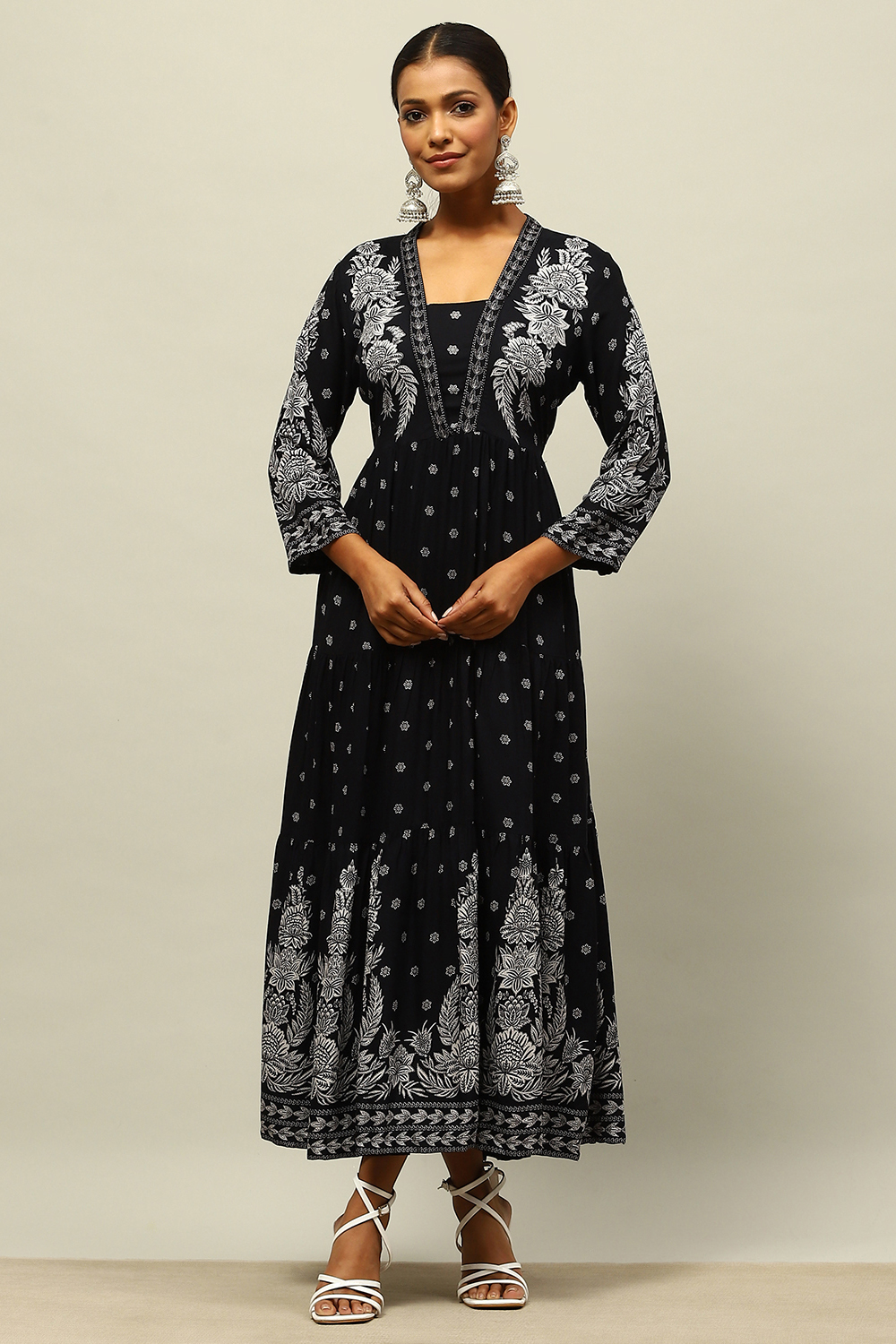 Black Rayon Printed Tiered Dress image number 0